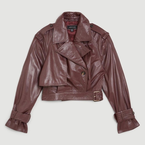 Karen Millen Plum Leather Cropped Bomber Jacket in Size 6 - Picture 5 of 7